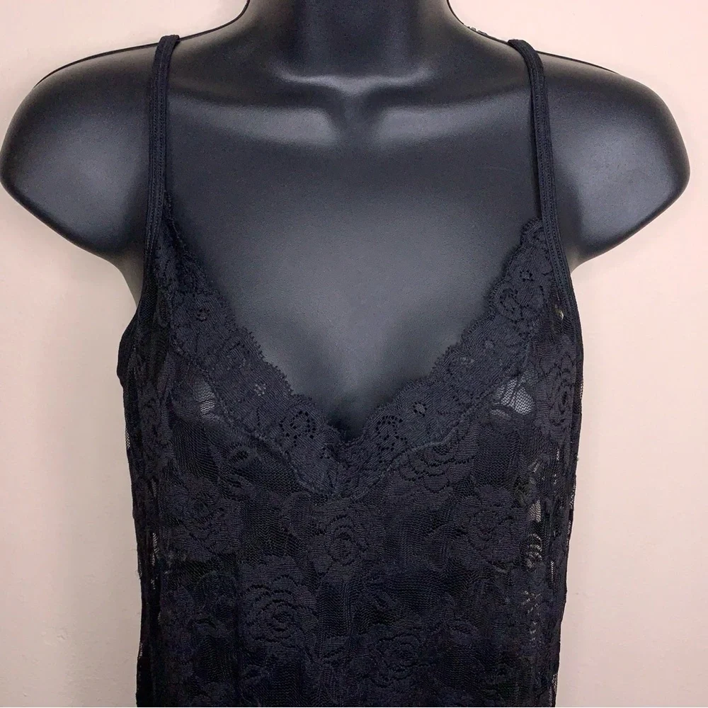Vintage Small Black Lace Chemise Dress Sheer Retro 90s Era Goth Pinup Glam Vneck